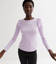 New Look Lilac Ribbed Knit Long Frill Sleeve Top